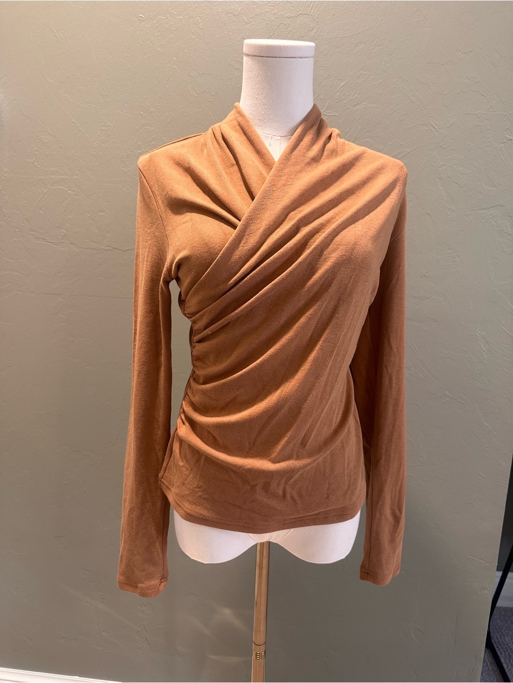 OGL Long-Sleeve Draped Wrap Top in Camel Brown